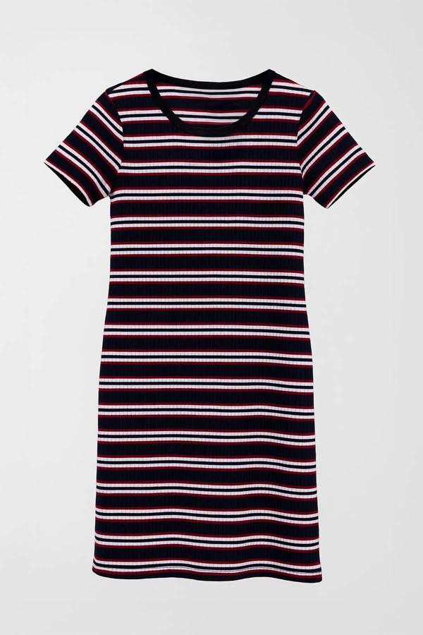 Kadın Çizgili Bisiklet Yaka Esnek Lacivert T-shirt Elbise - Image 1