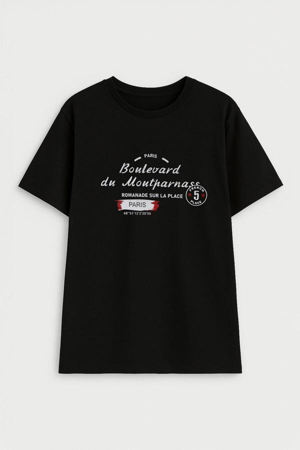 Kadın Bisiklet Yaka Baskılı Siyah T-shirt - Image 1