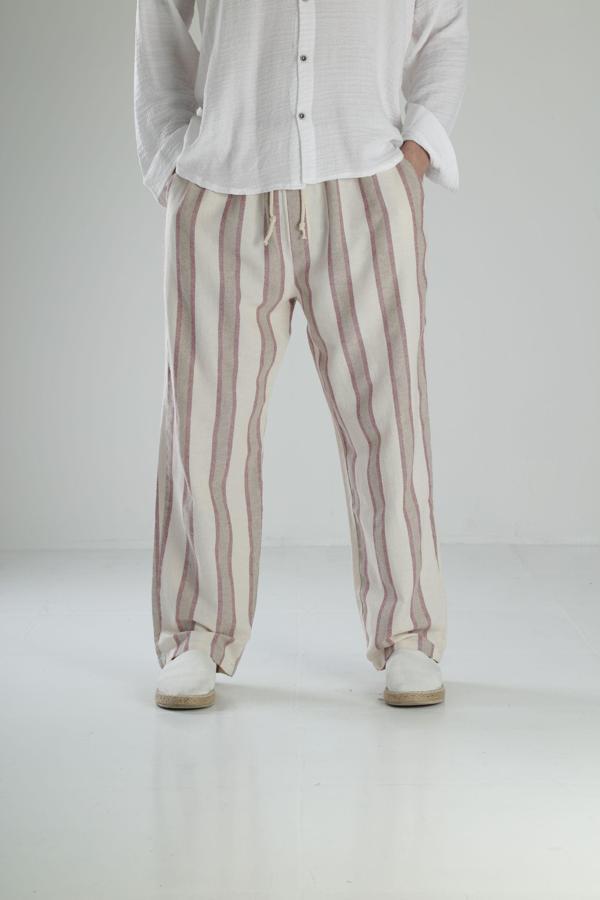 Bordo Çizgili Keten Pantolon - Image 1