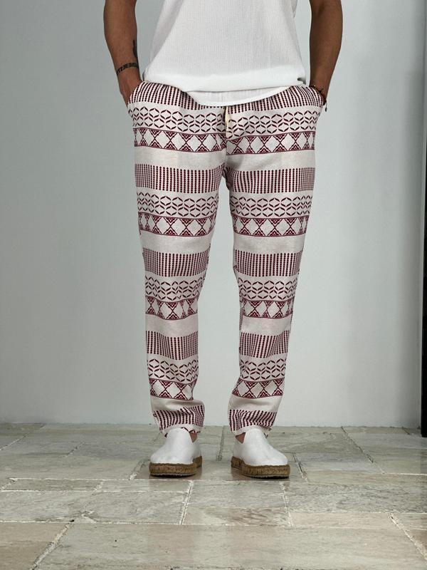 Etnik Desenli Bordo Keten Pantolon - Image 1