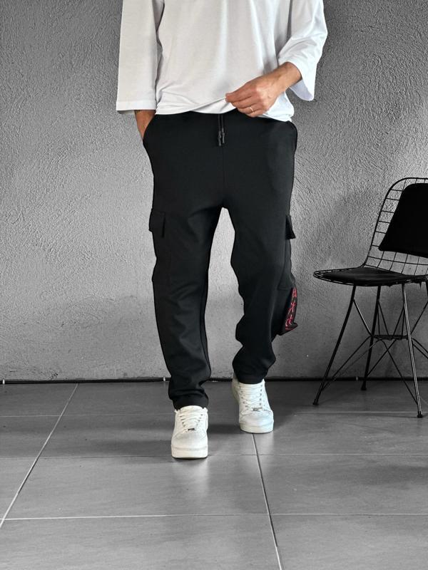 Kargo Cepli Chinese Detaylı Siyah Baggy Pantolon - Image 1