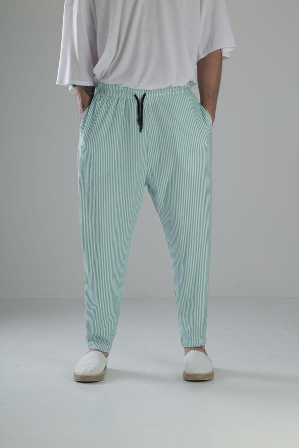 Yeşil Çizgili Bürümcük Kumaş Baget Pantolon - Image 1