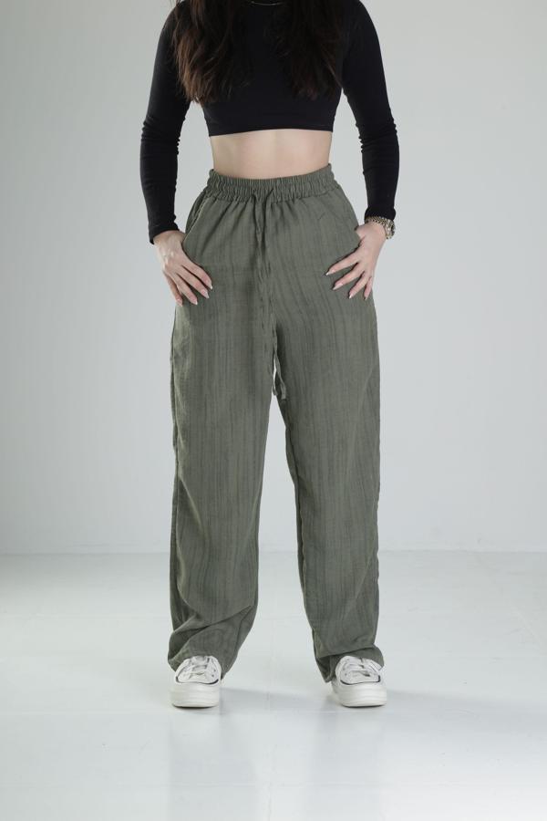 Aerobin Keten Kumaş Yeşil Baggy Pantolon - Image 1