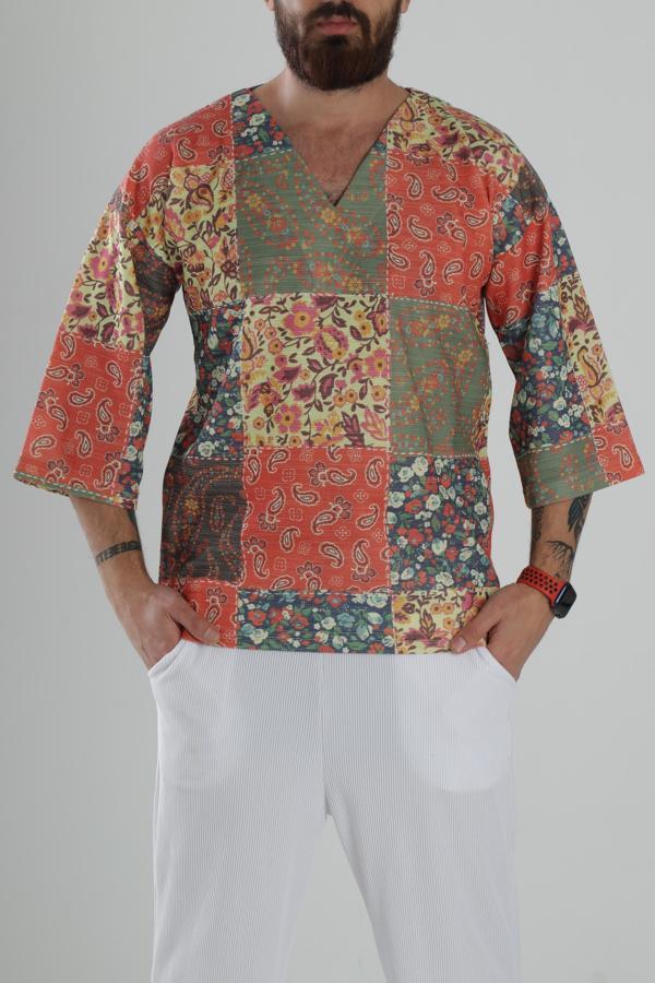 Çiçek Desenli Fakir Kol T-Shirt - Image 1