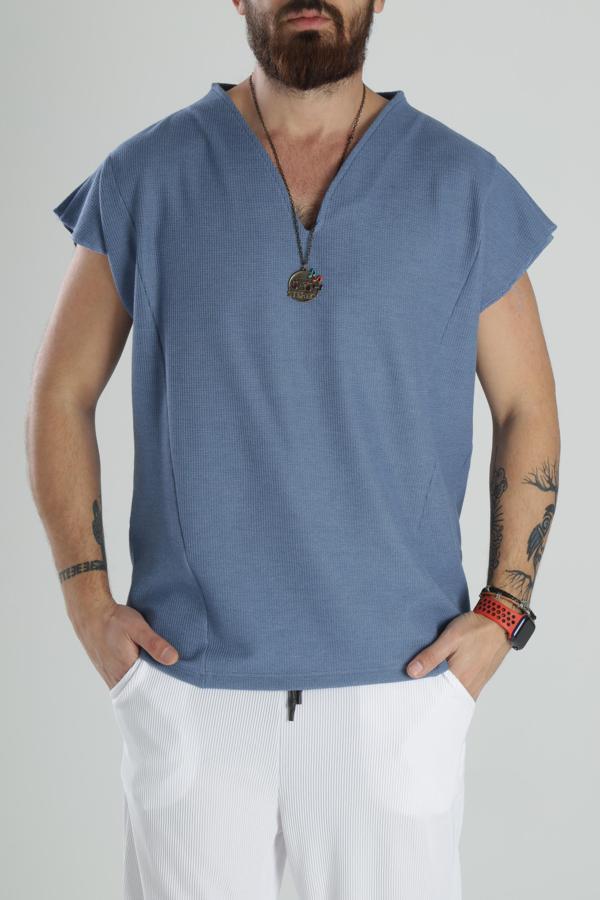 Mavi Pamuk Sıfır Kol T-Shirt - Image 1