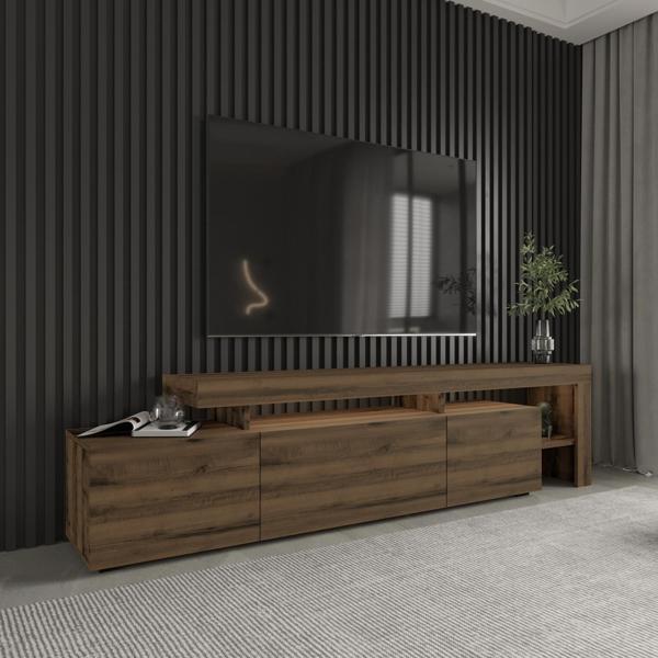 Beliz Led Işıklı 3 Kapaklı, Tv Sehpası,  Raflı, Antik Ceviz - Image 1
