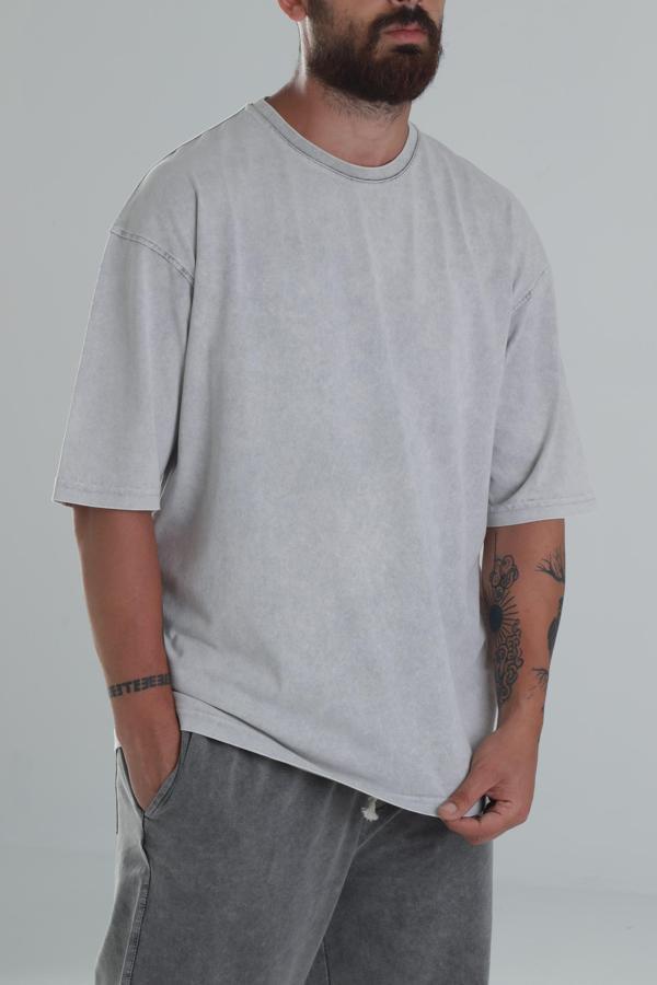 Yıkamalı Gri Oversize T-Shirt - Image 1
