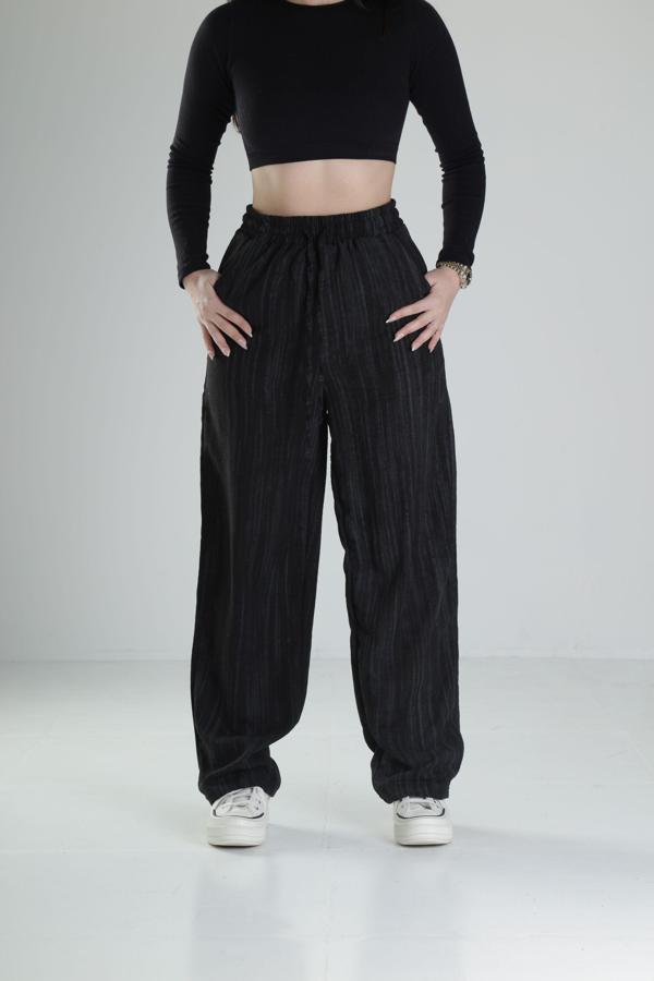 Aerobin Keten Kumaş Siyah Baggy Pantolon - Image 1
