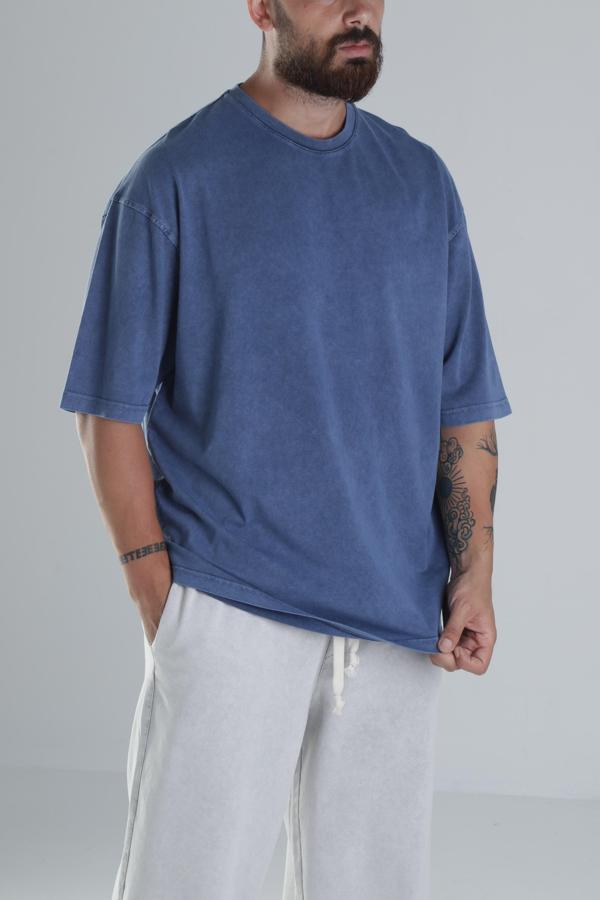 Yıkamalı Mavi Oversize T-Shirt - Image 1
