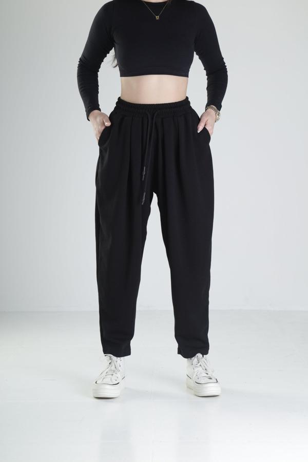 Pileli Siyah Jogger Pantolon - Image 1