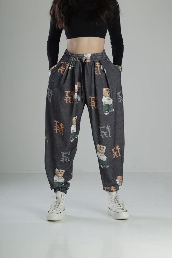 Ayıcık Desenli Rahat Kesim Bürümcük Jogger Pantolon - Image 1