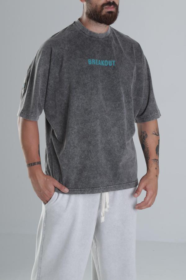 Breakout Yıkamalı Antrasit Oversize Tasarım T-Shirt - Image 1