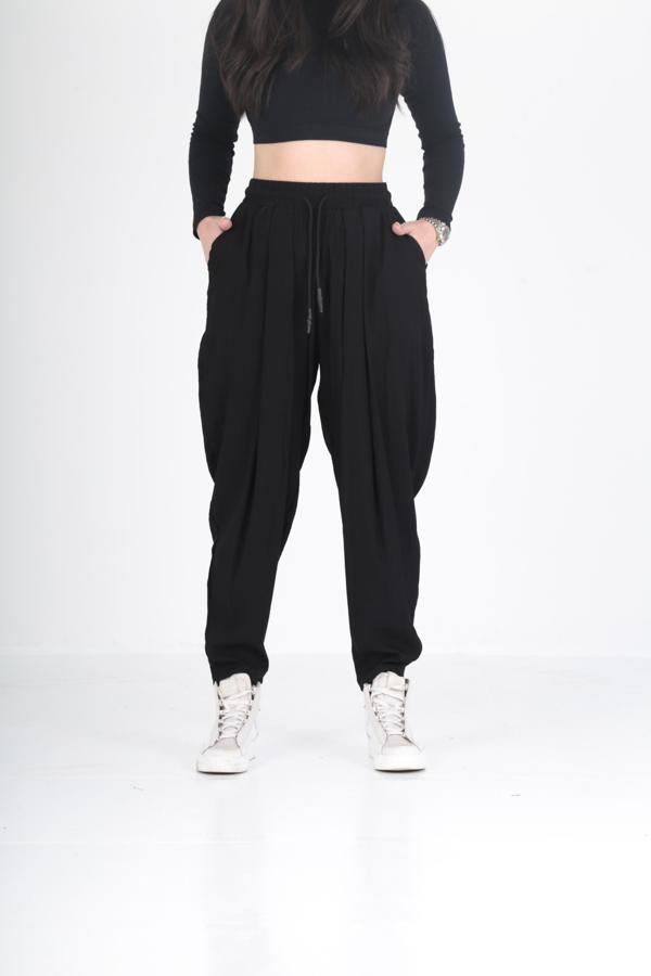 Bürümcük Kumaş Siyah Pileli Jogger Pantolon - Image 1