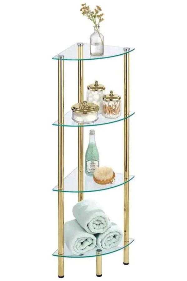 Nurline 4 Raflı Köşe Gold Metal Ayaklı Cam Raf ,Camlı Banyo, Yatak Odası, Ev Ofisi İçin, Temperli Cam, - Image 1