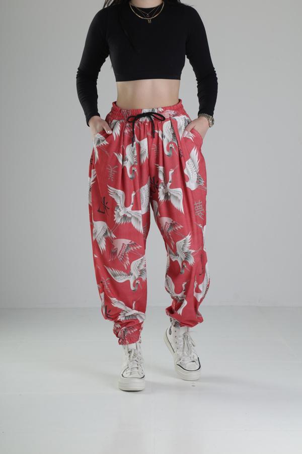 Chinese Kuş Desenli Pileli Jogger - Image 1