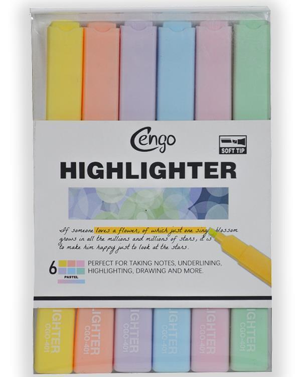 Cengo Kare Tipi Highlighter Fosforlu Kalem Pastel Renkler 6lı Set CGO401 - Image 1