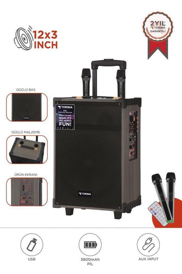Torima D46  Kahverengi USB, TF, BT, TWS, FM Çift Mikrofonlu Hoparlör Parti Speaker - Image 1