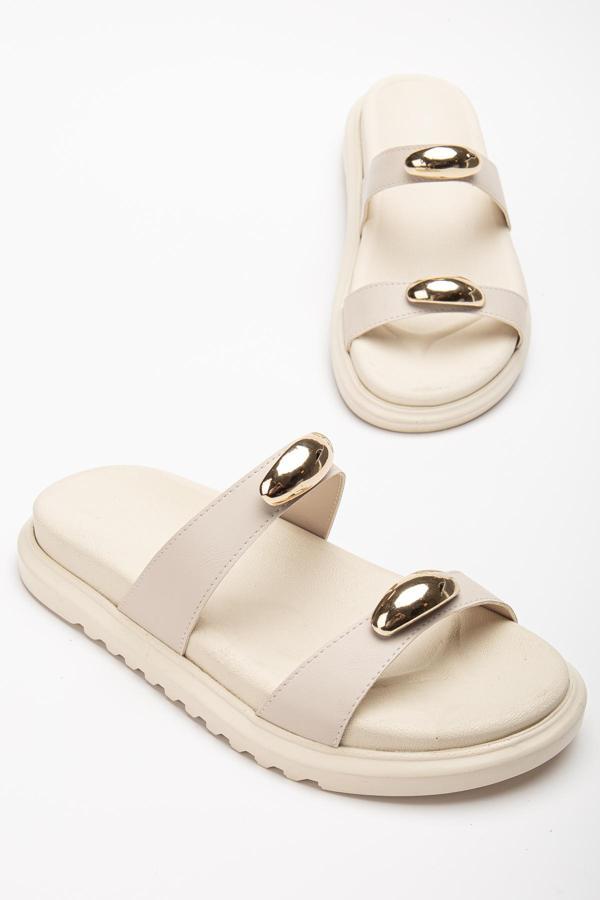 Tonny Black Kadın Bej Çift Bantlı Toka Detaylı Terlik - Image 1