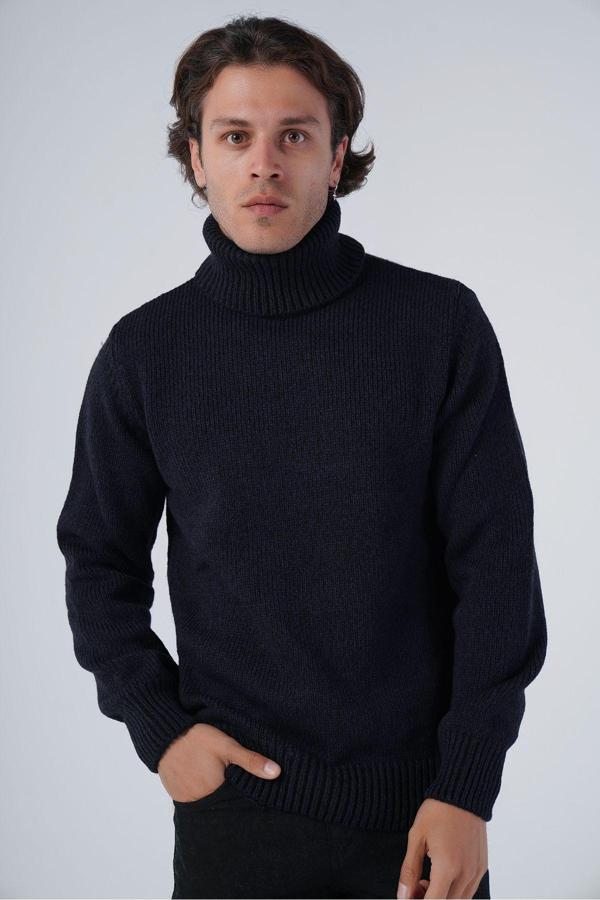 Trist Star Lacivert Erkek Düz Tek Plaka Muline Balıkçı Yaka Triko Yün Kazak L - Image 1