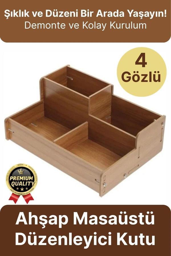 Kırtasiye Kalem Makyaj Malzemesi Saklama Çok Amaçlı 4 Gözlü Bölmeli Ahşap Masa Üstü Düzenleyici Kutu - Image 1