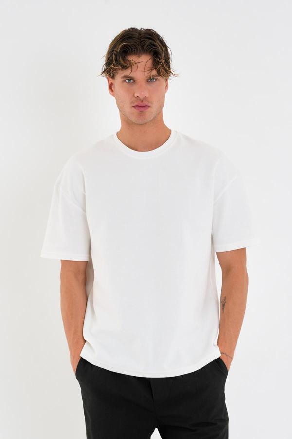 Blank Unisex Oversize Geniş Kesim Tişört %100 Pamuk Kalın Dokulu Bisiklet Yaka T-shirt - Image 1