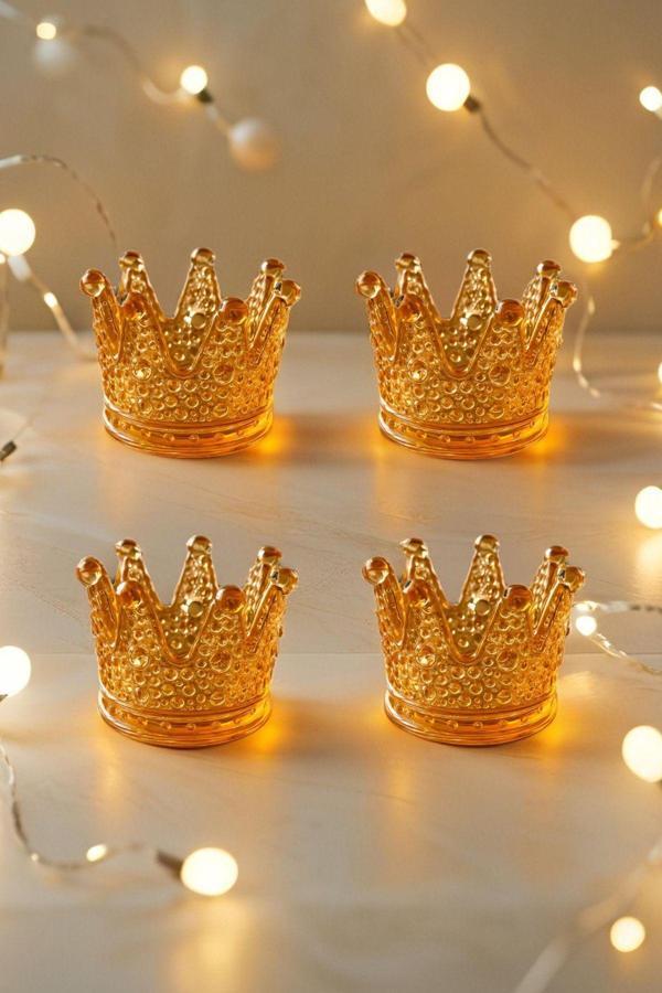 4'lü Set Kristal Taç Mumluk Gold - Image 1