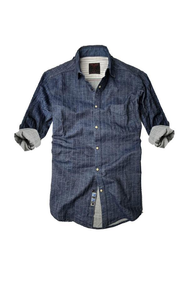 Slim Fit Saf Pamuk Denim Kumaş Kot Gömlek--koyu Çizgi-- - Image 1