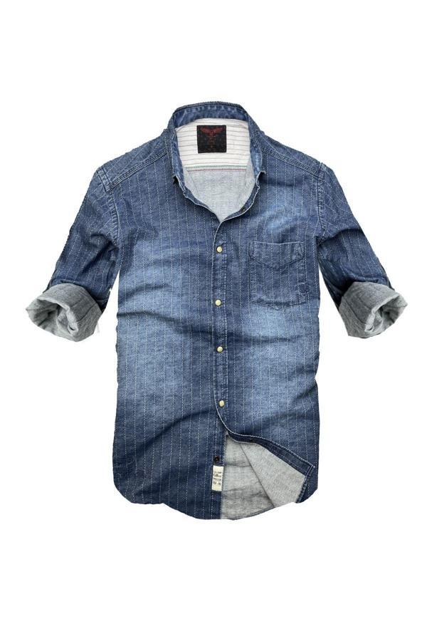Slim Fit Saf Pamuk Denim Kumaş Kot Gömlek--laci Çizki Eskitme- - Image 1