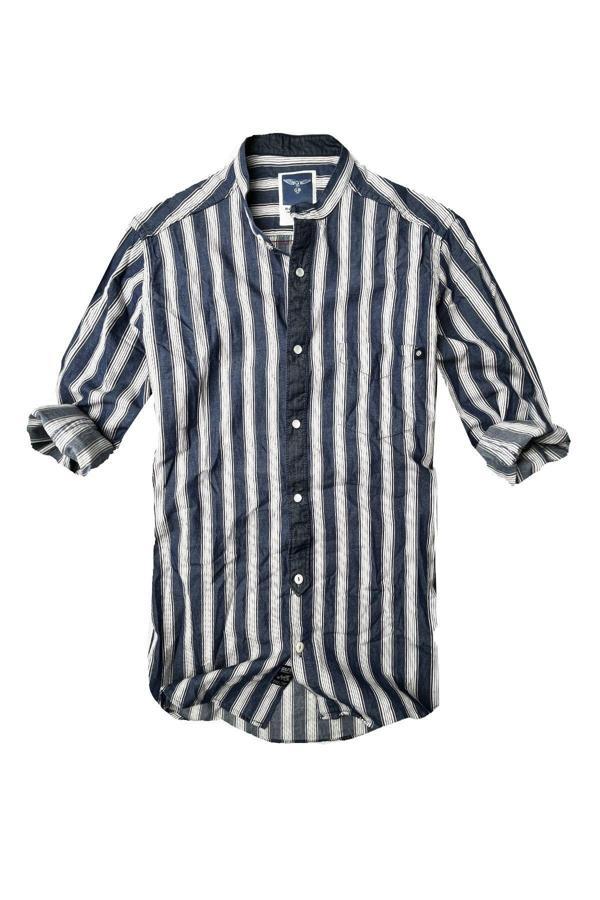 Slim Fit %100 Pamuk Kumaş Hakim Yaka Uzun Kol Gömlek--lacivertçizgi- - Image 1
