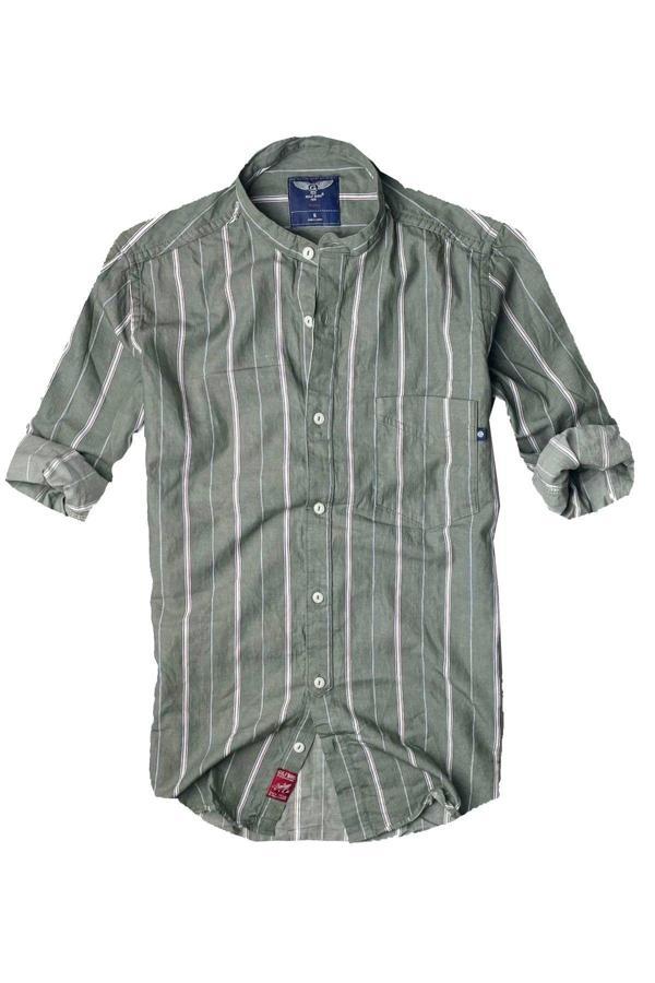 Slim Fit %100 Pamuk Kumaş Hakim Yaka Uzun Kol Gömlek-çizgili Haki- - Image 1