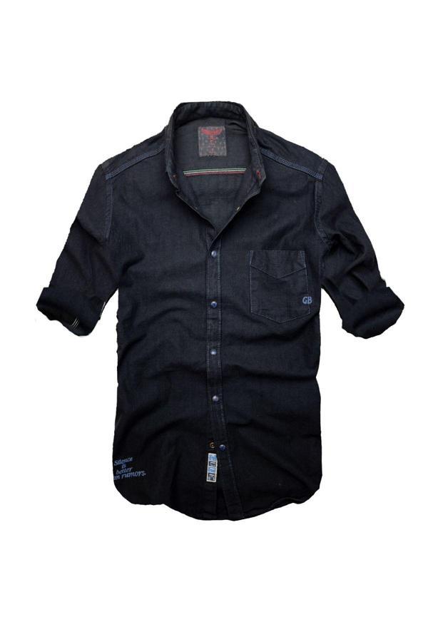 Slim Fit Saf Pamuk Denim Kumaş Kot Gömlek--koyulacivert--- - Image 1