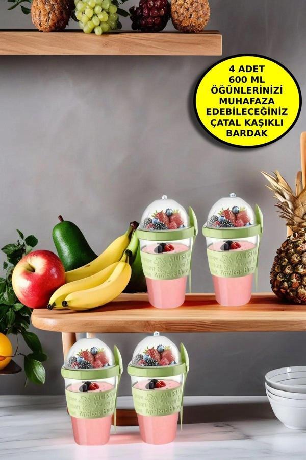 4 ADET Diyet & Kahvaltı için Çatal & Kaşıklı Kapaklı Yoğurt Müsli Salata Meyve Saklama Kabı - 600 ml - Image 1