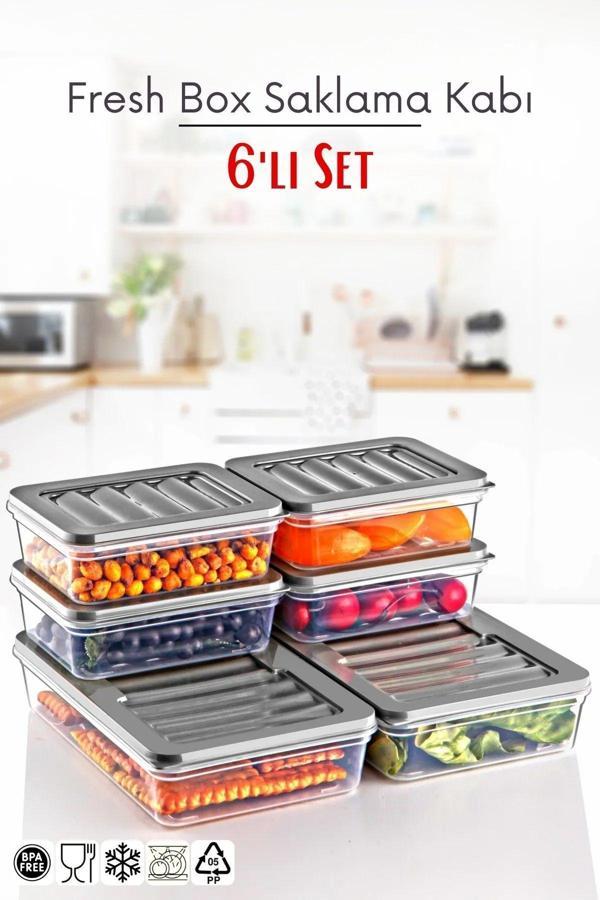 6 Lı Set Freshbox Mikrodalga Ve Difrize Uygun Saklama Kabı Set Gri - Image 1