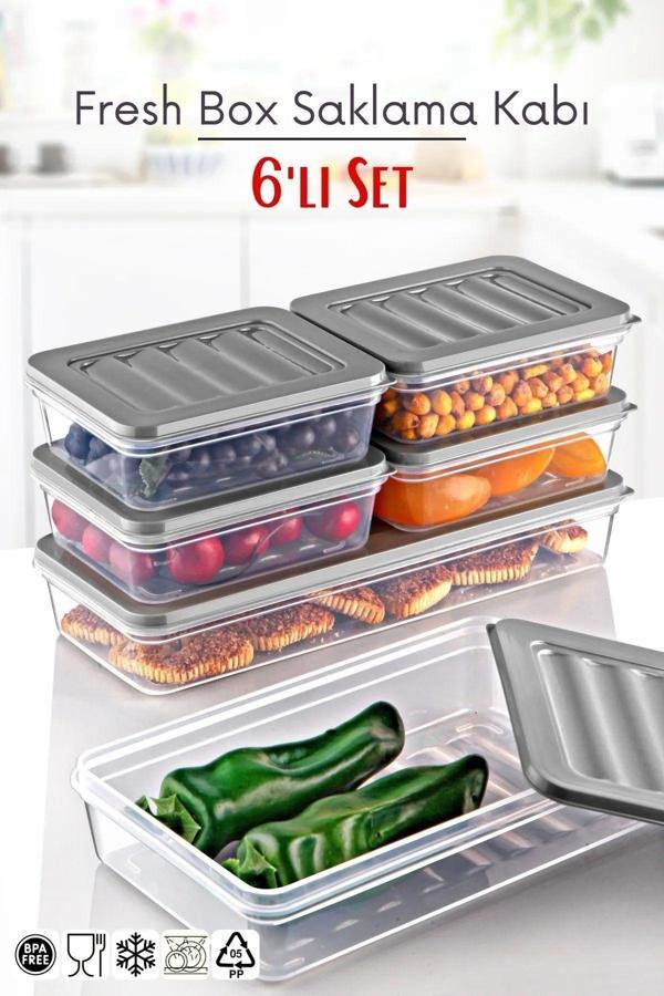 6 Lı Set Freshbox Mikrodalga Ve Difrize Uygun Saklama Kabı Set Gri - Image 1