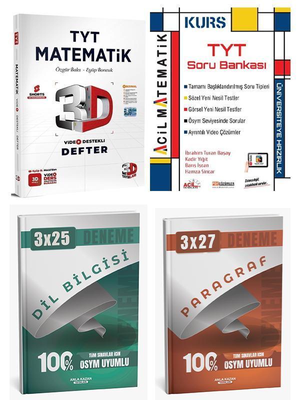 3D + Acil 2026 TYT Kurs Matematik ve 3D TYT Matematik Ders Defter Anla Kazan Deneme 4 lü Set - Anla Kazan Yayınları - Image 1