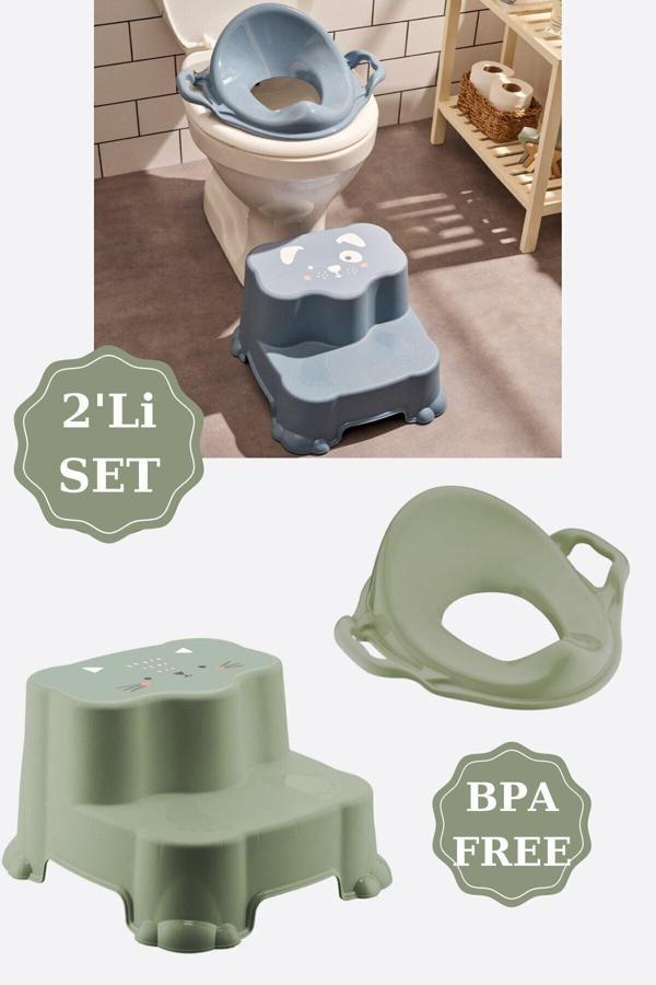 Zuu Baby Kaydırmaz Çift Basamaklı Çocuk Taburesi Ve Kulplu Klozet Tuvalet Alıştırma Adaptörü 2'Li Set Yeşil - Image 1