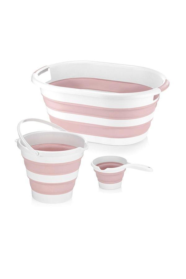 Sepetkitchen 3'Lü Pudra Katlanabilen Set Çamaşır Sepeti - Katlanabilir Akordiyon Su Kovası - Katlanır Maşrapa - Image 1