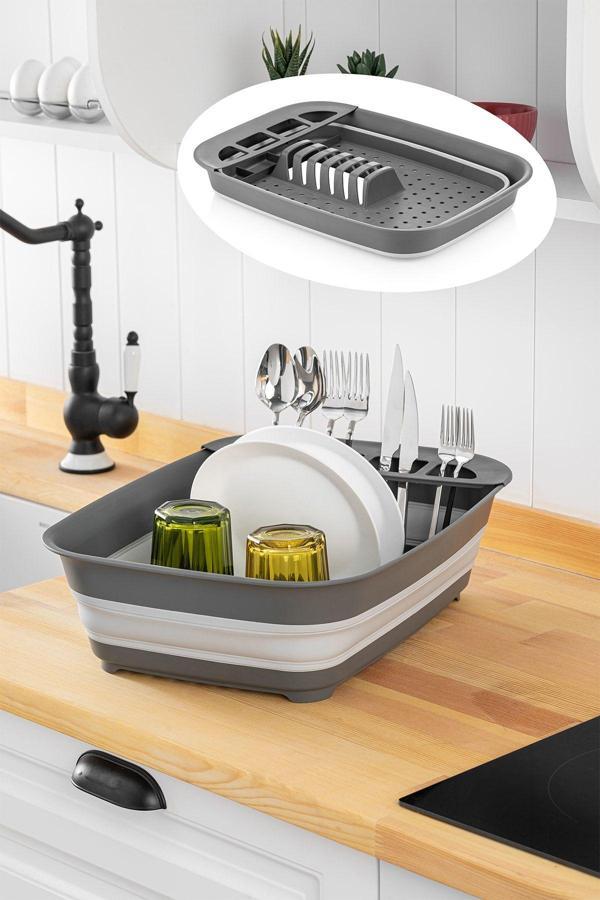 Sepetkitchen Lüx Sihirli Katlanabilir Tabaklık Bulaşıklık Kurutmalık Tezgah Üstü Gri - Image 1