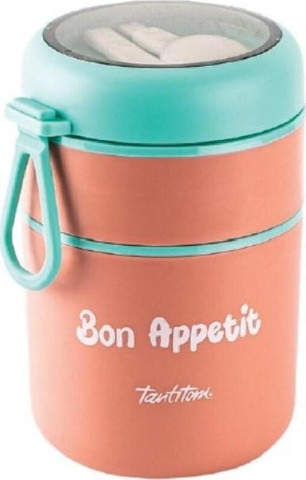 Tantitoni Pembe Paslanmaz Çelik Yuvarlak 2 Katlı Pembe-Yeşil Plastik Kaşıklı Yemek Taşıma Kabı 710Ml - Image 1