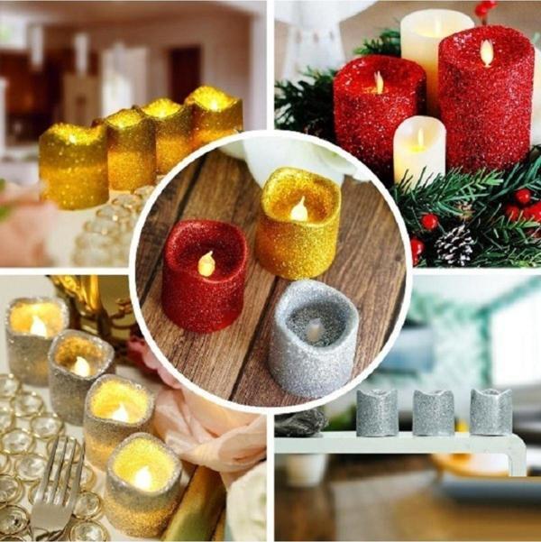 Kuzey Vıp Kalite 12 Adet Simli Led Işıklı Mum Kırmızı Gold Gümüş Led Mum Simli Işıklı Mum Gün Işığı Mum - Image 1