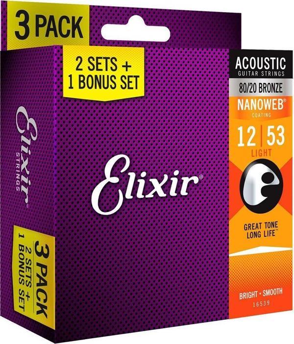 Elixir 12-53 Nanoweb 80/20 Bronze Ekonomik 3'lü Set Akustik Gitar Teli (16539) - Image 1