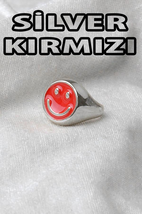 Gümüş  Kaplama Kırmızı Renkli Ayarlanabilir Gülen Yüz Surat Smile Yüzük - 2296 - Image 1