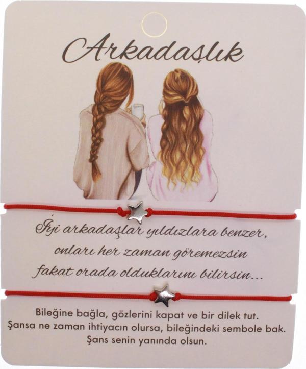 Gümüş Renk Kırmızı İp Yıldız Arkadaş  Bilekliği - 1604 - Image 1