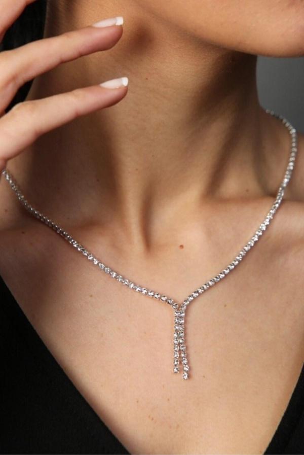 Gümüş Renk Zirkon Su Yolu Abiye Kolye - 2418 - Image 1