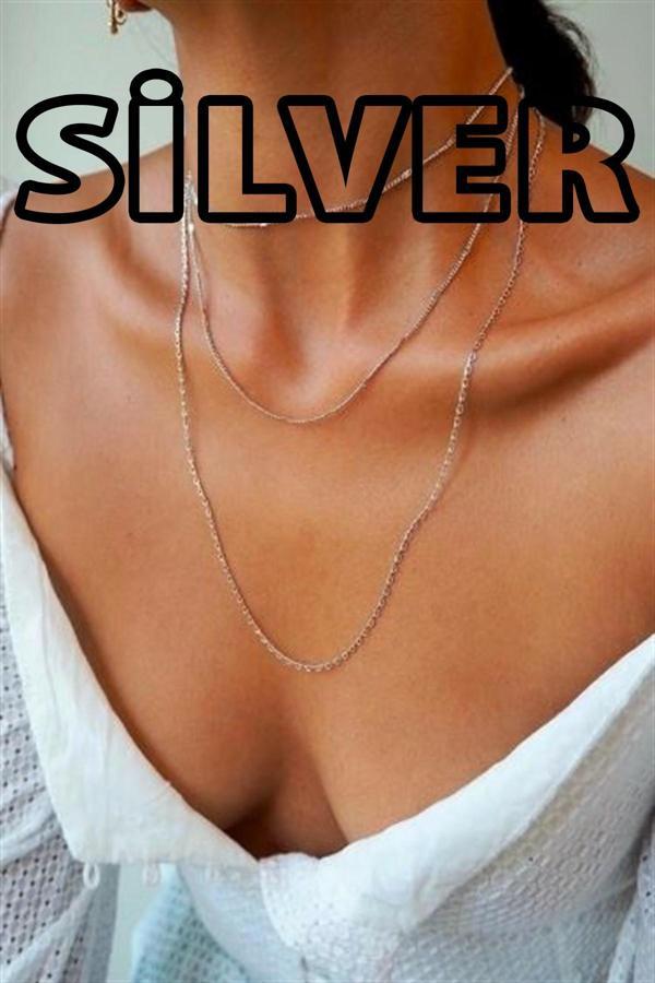 Kadın Üçlü Şeri Zincir Kolye Silver Katmanlı Kolye Choker Uzun Çoklu Kolye - 8 - Image 1