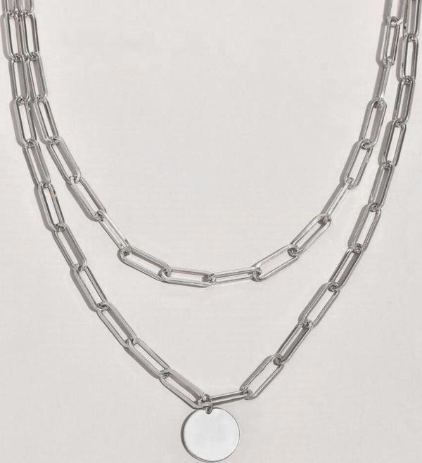 Gümüş Renk Dikdörtgen Zincir Yuvarlak Pul Charm Katmanlı Kolye - 2106 - Image 1
