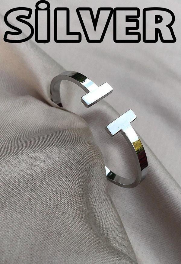 Gümüş Renk Tiffany Model T Uçlu Desenli Kelepçe Bileklik - 2117 - Image 1