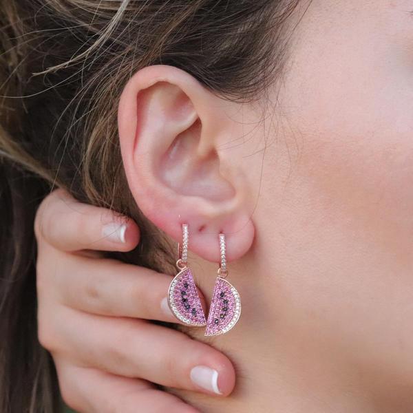 Zirkon Taşlı Rose Gold Kaplama Karpuz Gümüş Küpe - Image 1