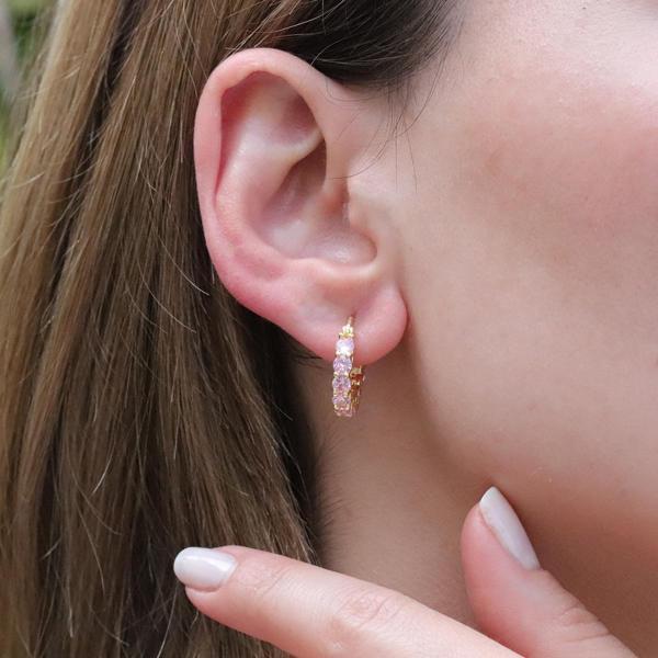 Pembe Zirkon Taşlı Gold Kaplama Halka Gümüş Küpe - Image 1