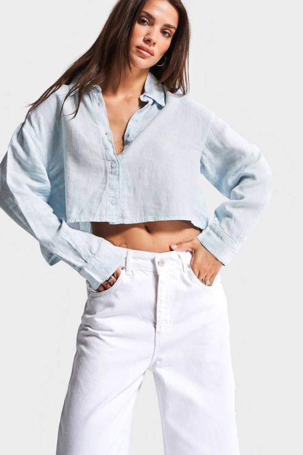 Kadın Bebe Mavisi 6s5-103 Organik Keten Kumaş Crop Fit Oversize Gömlek - Image 1